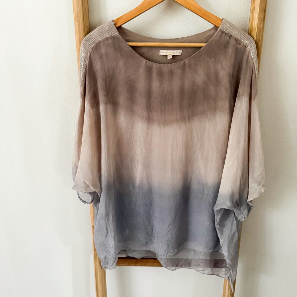 Prontomoda Giusy 100% Silk Ombre Blouse Women’s Small Made in Italy Gray Taupe